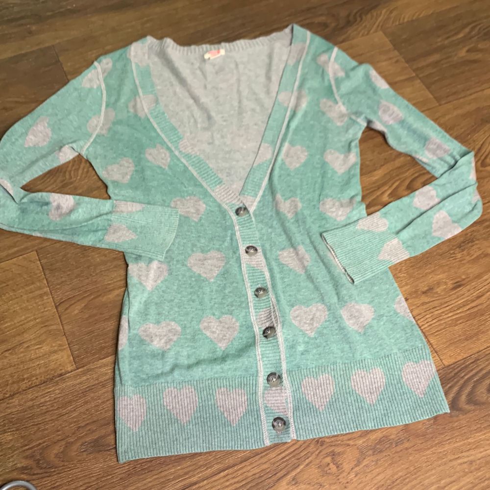 Green & grey heart cardigan sweater. Low cut, long fit button up sweater